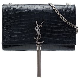 Saint Laurent Borsa a Tracolla Kate Tassel in Pelle Effetto Coccodrillo Nera Medium Monogram