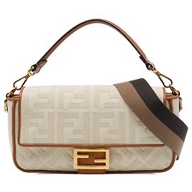 Borsa Satchel Baguette Fendi in tela ricamata Beige Zucca