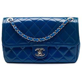 Chanel Blue Medium Quilted Patent Coco Shine Flap