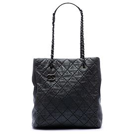 Borsa Chanel Black CC Quilted Lambskin Wild Stitch Chain Tote