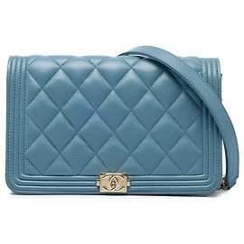 Chanel Blue Quilted Lambskin Boy Wallet On Chain