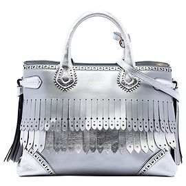 Borsa Satchel Banner Burberry in pelle metallizzata argento taglia Medium con dettagli Brogue