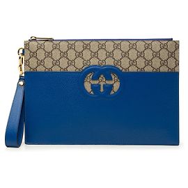 Clutch Gucci Blue GG Supreme e pelle di vitello con G intrecciate traforate