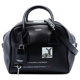 Borsa Cube Satchel Burberry in pelle nera con stampa cervo