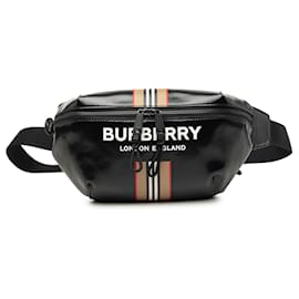 Borsa cintura Burberry Sonny in tela rivestita nera con Icon Stripe