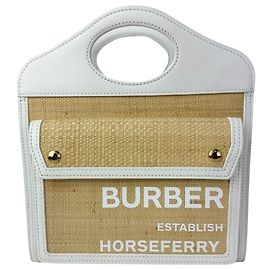 Mini borsa Pocket Burberry in pelle bianca e rafia naturale
