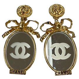 Orecchini a specchio con nastro Coco Mark rari in metallo vintage CHANEL