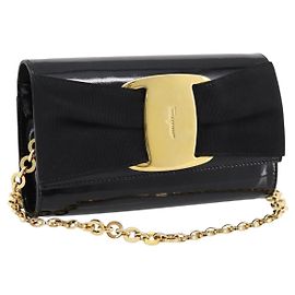 Borsa a tracolla Salvatore Ferragamo Vala Chain Patent Black Gold Tone Auth 199006