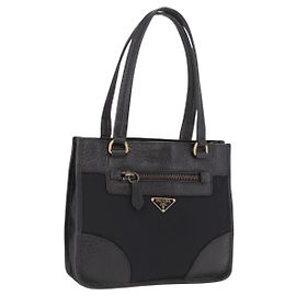 Borsa Tote PRADA Nylon Pelle Nero Tono Oro Auth am12459V