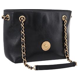 VERSACE Schultertasche mit Kette aus Leder in Schwarz und Goldton Auth BA15376V