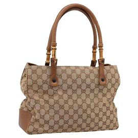 Borsa a mano GUCCI GG Canvas Bamboo Beige Nero 112526 Auth 198971A