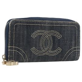 CHANEL COCO Mark Coin Purse Denim Blue Gold CC Auth 196884A