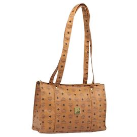 Saco Tote MCM Vicetos Logogram PVC Leather Brown Gold Auth 199649