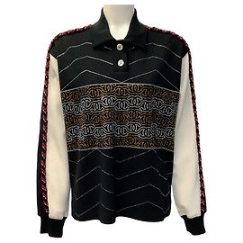 Chanel 2023 Schwarz / Elfenbein Woll-Top mit CC-Verzierungen