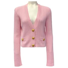 Cárdigan Balmain de punto acanalado rosa con cuello en V y botones dorados