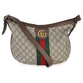 Gucci Brown Beige GG Supreme Canvas Dollar Calfskin Web Small Ophidia Half Moon