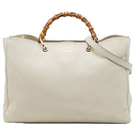 Borsa Shopper Satchel Gucci Large in pelle di vitello bianca con bambù