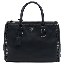 Prada Medium Galleria Double Zip Satchel aus City Calf Leder, handgenäht, Schwarz