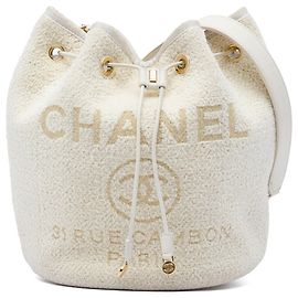 Borsa a secchiello Chanel Deauville Small in tweed bianco con coulisse