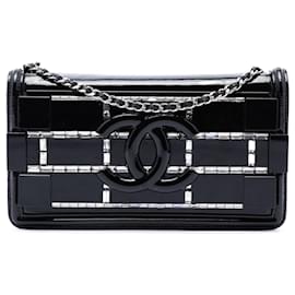 Borsa a tracolla orizzontale Boy Brick in vernice nera e acrilico con cristalli Chanel