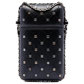 Black Chanel CC Quilted and Studded Lambskin Chain Around Phone Holder Crossbody Bag