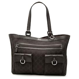 Borsa Tote Gucci GG Denim Abbey con anello a D e tasca, marrone
