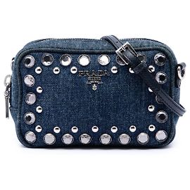 Borsa Camera Prada Mini in Denim Blu con Borchie Bijoux