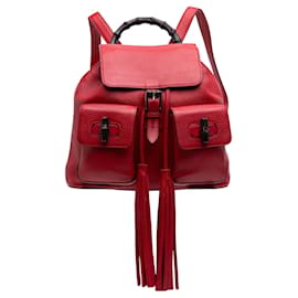Red Gucci Calfskin Bamboo Tassel Drawstring Backpack