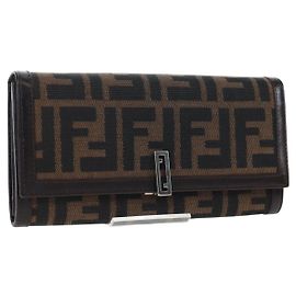 FENDI Cartera larga bifold de lona Zucca Negro Marrón