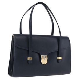 Christian Dior Hand Bag Leather Navy Gold