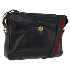 GUCCI Horsebit Web Sherry Line Shoulder Bag Leather Black Gold