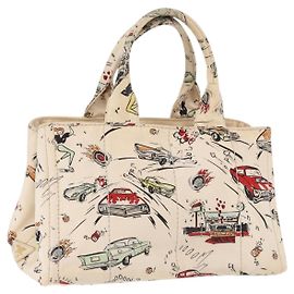 PRADA Canapa M Hand Bag Canvas Ivory Gold