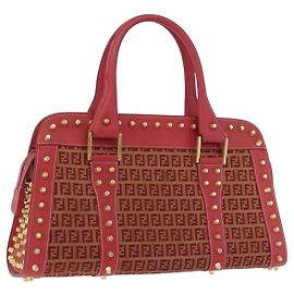 FENDI Zucchino Canvas Hand Bag Red Gold