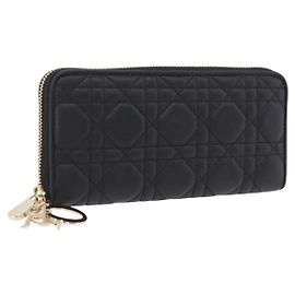 Christian Dior Lady Dior Canage Long Wallet Lamb Skin Black Gold