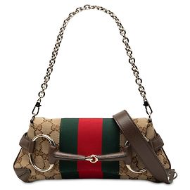 Borsa Satchel Gucci Small GG Canvas Horsebit Web Chain Beige