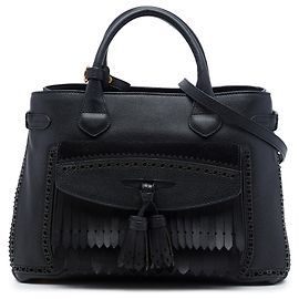 Burberry Black Medium Grained Calfskin Brogue and Fringe Banner Satchel