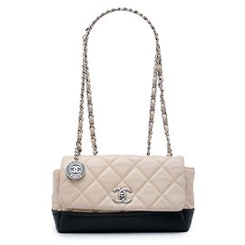 Chanel Beige CC Bicolor Quilted Calfskin and Caviar Single Flap