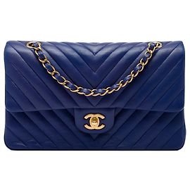 Chanel Blue Medium Classic Chevron Lambskin Double Flap