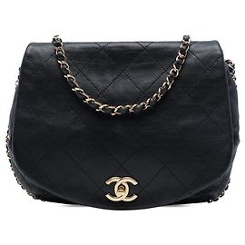 Chanel Black CC Quilted Calfskin Chain Around Saddle Flap