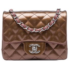 Chanel Brown Mini Square Classic Metallic Striped Patent Single Flap