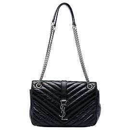 Bolsa Punk Chain Saint Laurent em couro de bezerro craquelado metalizado preto com chevron, tamanho Medium