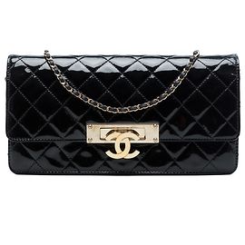 Chanel Black Quilted Patent Golden Class East West Wallet on Chain