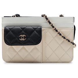 Portafoglio con catena Chanel Brown CC Tricolor in pelle di capra matelassé con tasche multiple