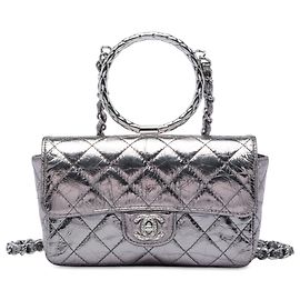Chanel Silver Mini Quilted Metallic Crumpled Calfskin Ring Top Handle Flap