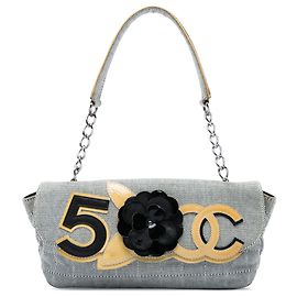Borsa a patta Chanel Gray Choco Bar Canvas Camellia CC No. 5