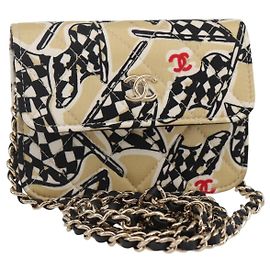 CHANEL Pochette a tracolla con catena e motivo a scacchiera in nylon dorato con logo CC, codice articolo 144883A