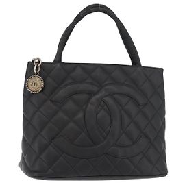 Borsa tote standard CHANEL in pelle di caviale, nera e argento, con logo CC, autentica bs34946