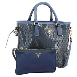 Borsa a mano PRADA in vinile 2way blu e oro, autentica 193975