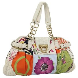 Borsa a mano Salvatore Ferragamo Gancini con catena, in nylon bianco e oro, autentica 194550A