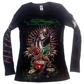 Autre Marque Ed Hardy by Christian Audigier Top Manga Larga Pedrería Pantera